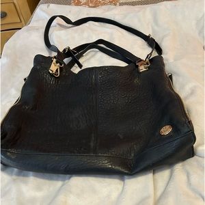 Vince Camuto black leather satchel with crossbody strap (gold hardware).